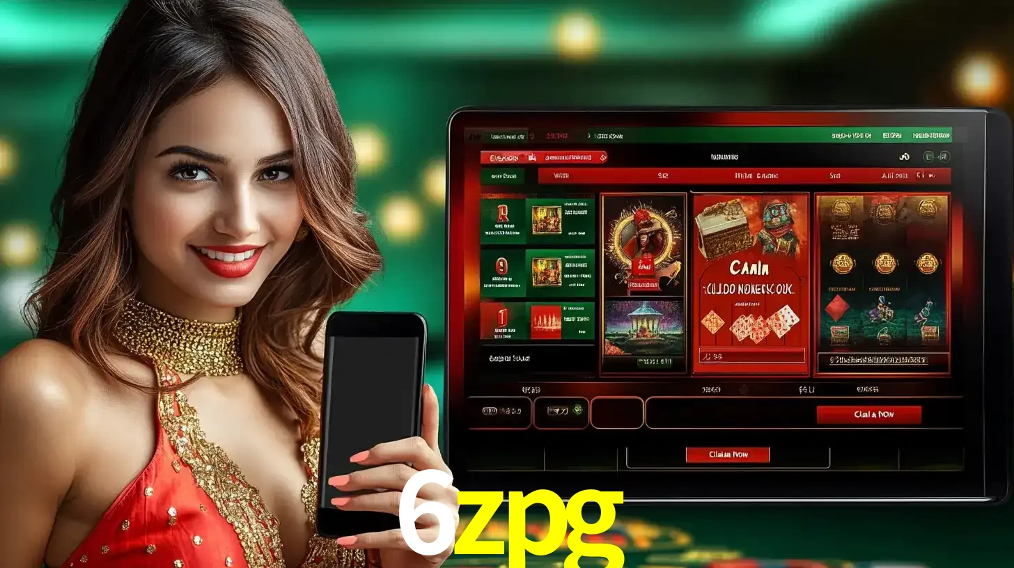 Mulher sorridente segurando um smartphone, ao lado de uma tela exibindo o lobby de jogos do cassino online 6zpg, com várias opções de jogos de cartas e slots.
